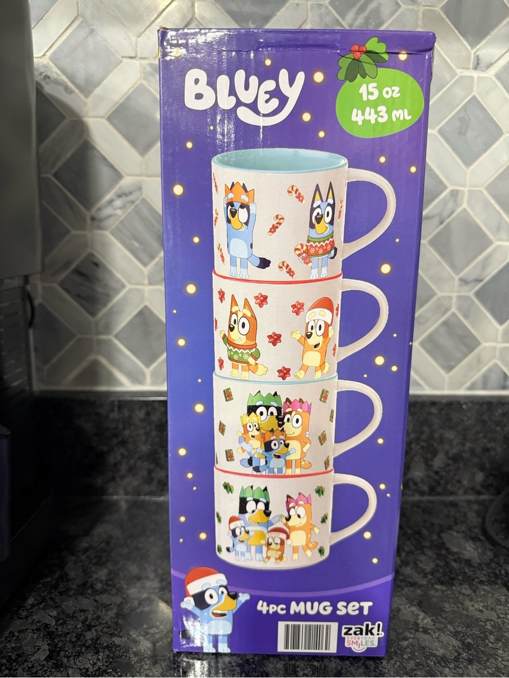 NIB Bluey 4pc Stackable Mug Set - White Holiday Characters